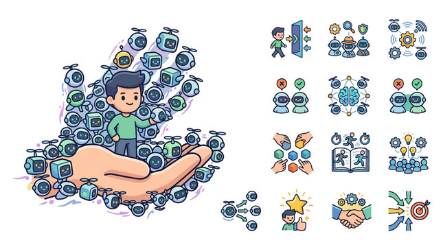 Flat vector illustration set featuring a man and tiny flying robots in chibi style. Concepts include AI technology, network automation, teamwork, goal achievement, and security.