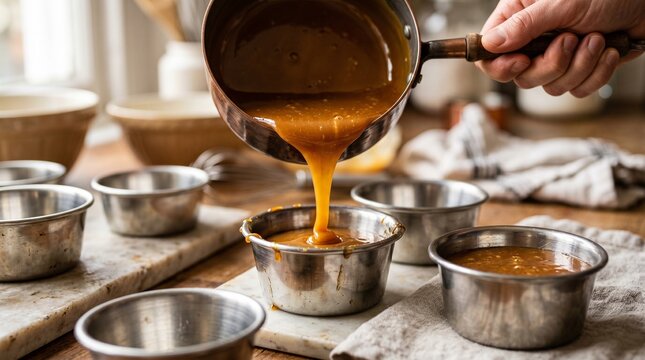 Hand pouring liquid caramel sauce into small metal ramekins for a dessert preparation in a rustic kitchen setting