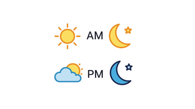 Daily schedule icons for am and pm showing the sun and moon in different phases and weather conditions for time of day tracking.