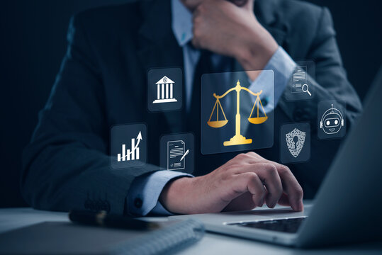 Lawyer using laptop with legal tech AI compliance justice scale hologram icons