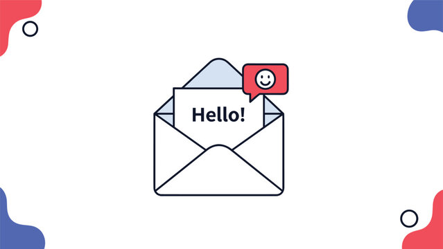 Open mail envelope with a friendly hello greeting and a happy smiley face notification on a decorated background.