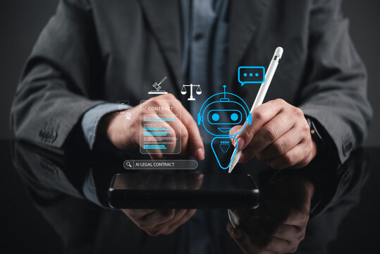 Businessman using smartphone with AI legal contract virtual lawyer robot tech hologram