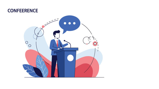 Professional speaker illustration showing a man at a podium addressing an audience with speech bubbles and the word conference.
