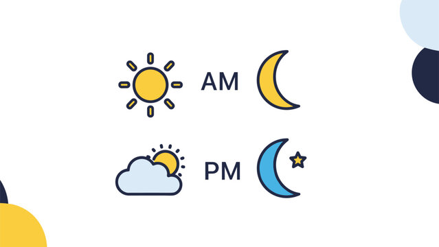 Day and night time indicators featuring sun, cloud, and moon icons labeled with am and pm for schedule and weather.