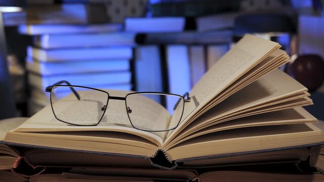 Eyeglasses resting on open hardcover publication in study environment, illuminated educational background with stacked volumes indoors