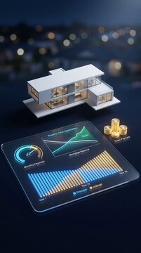 Mortgage amortization chart with modern house, real estate finance dashboard, property value appreciation and home equity growth