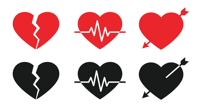 heart icons set broken heart heartbeat and arrow through heart