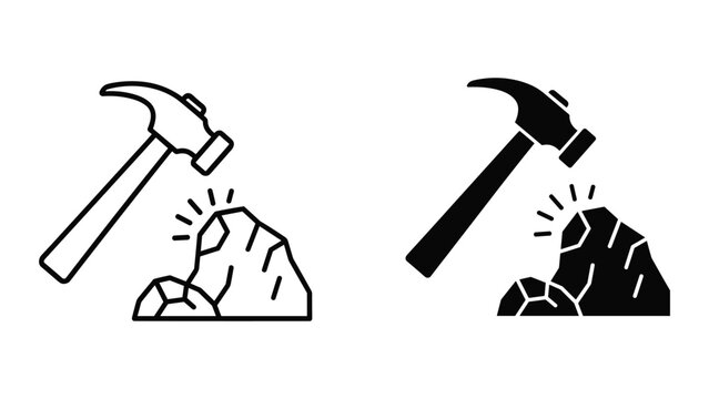 Black and white line and solid icon set of hammers hitting rocks