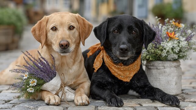 Two dogs sit peacefully on cobbled streets surrounded by flowers, presenting a blend of companionship, nature, and urban life that showcases unconditional love and loyalty.