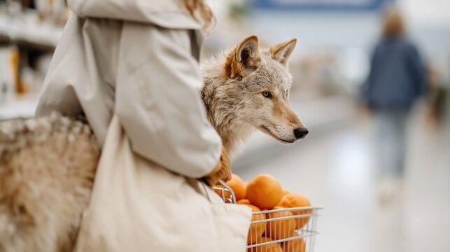 A unique scene where a person is pushing a shopping cart, accompanied by a wolf-like dog, blending ordinary shopping with a touch of wilderness and companionship in modern life.