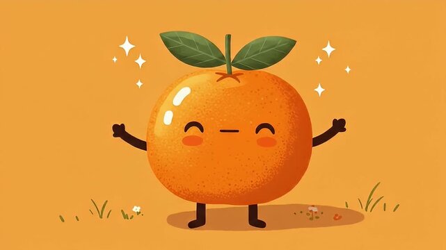 A cartoon orange with a smiling face and leaves stands in a field of grass
