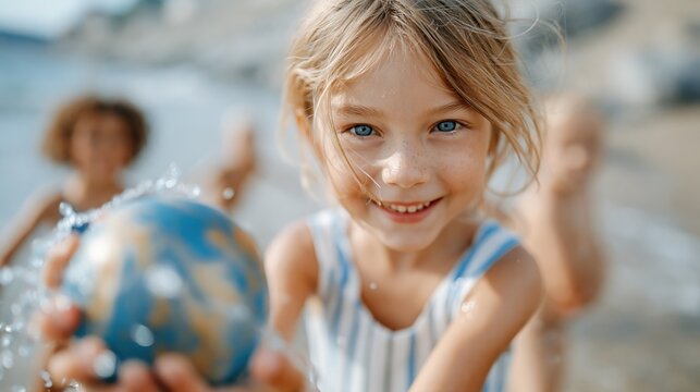 A joyful image capturing children playing at the beach, focusing on one girl holding a painted ball, representing carefree childhood experiences and joyful summer adventures by the sea.