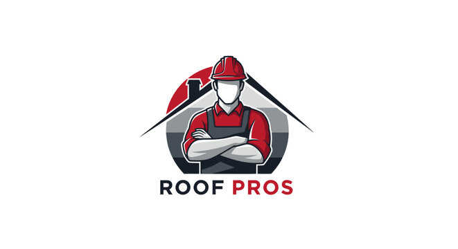 Professional Roofer Logo with Hard Hat and Crossed Arms.