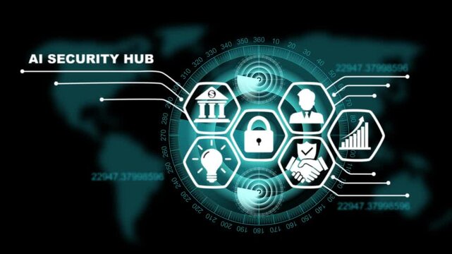 AI security hub HUD interface featuring a central lock icon with glowing hexagonal nodes and circular data visualization over a world map for cybersecurity.