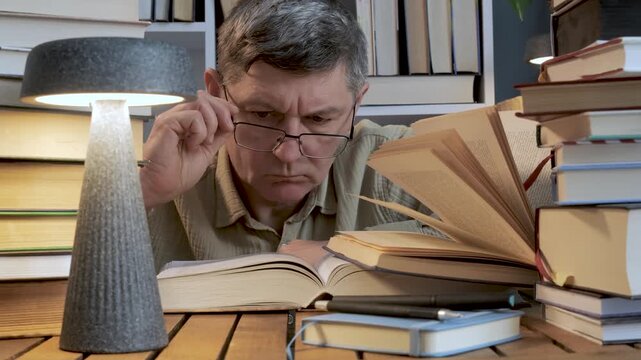 Focused mature man reading reference literature at home workspace, concentrated learning process with stacked publications indoors