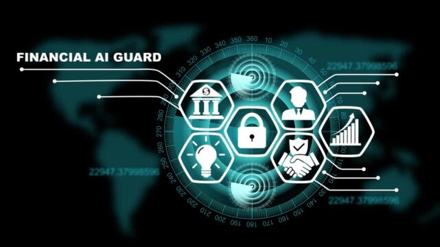 Financial AI guard HUD interface animation with glowing hexagonal icons representing banking intelligence and data security over a world map background for global fintech protection.