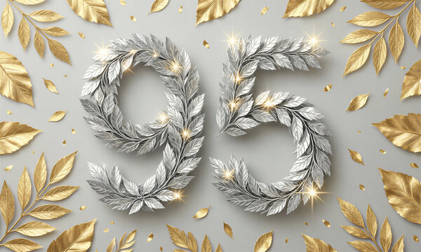 Silver 95 birthday decoration with laurel wreath and gold leaves around.