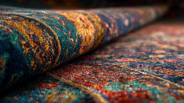 Close up of folded ornate Persian rug
