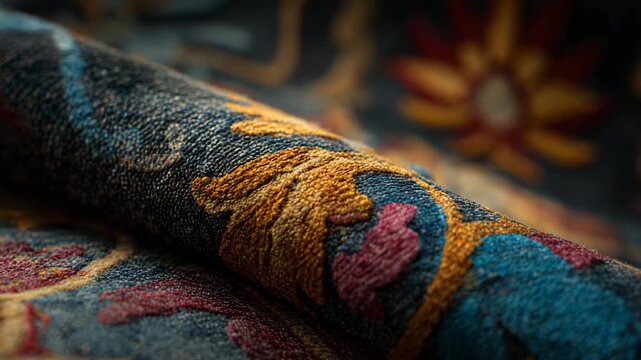 Close up of rolled embroidered fabric with floral patterns