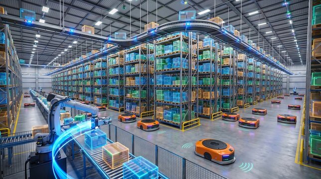 Smart logistics warehouse with autonomous robots, conveyor networks, and AI-driven inventory management interior