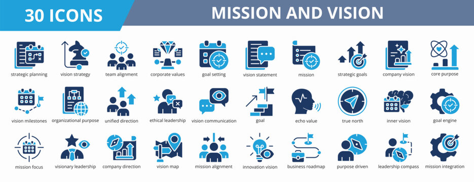 Set of glyph blue style mission and vision icon. A collection of icons suitable for web and mobile application. Including strategic planning, vision strategy, team alignment, and more.