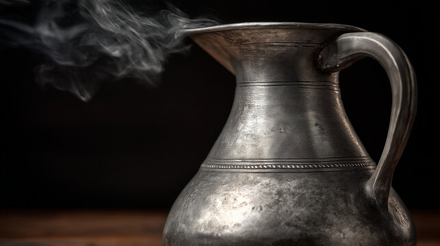 flagon. Close-up of an antique pewter flagon with hammered texture and rising vapor. bar promotions, beverage menus, designed for product packaging and bar promotions.