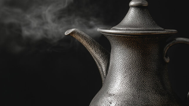 flagon. Close-up of an antique pewter flagon with hammered texture and rising vapor. bar promotions, beverage menus, designed for product packaging and bar promotions.