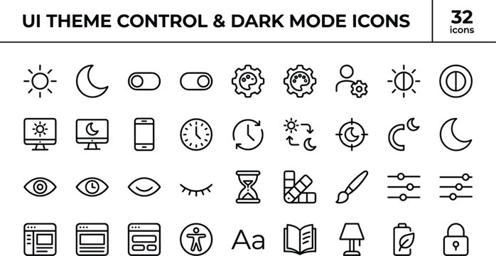 UI theme control and dark mode outline icon set with appearance settings, display customization and accessibility symbols