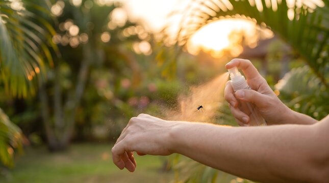 Close up of hand applying mosquito repellent spray outdoors at sunset