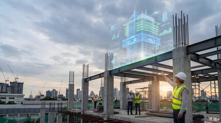 Obraz premium Architect reviewing holographic building model at construction site with digital engineering interface