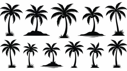 Fototapeta premium Multiple black silhouettes of tropical palm trees on white background