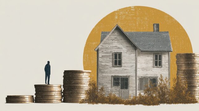 Housing affordability crisis clipart, shrinking house model against oversized coin stacks, conceptual art style, muted financial colors, isolated on white background. 