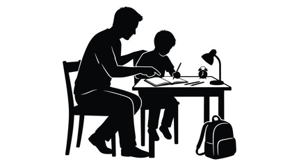 Fototapeta premium father and son studying at desk black silhouette