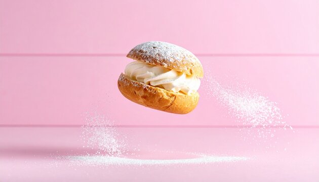 Flying cream puff with powdered sugar, with splashes, on a pastel pink background sweet