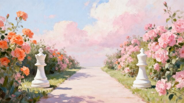 Painting of chess pieces in a flower garden