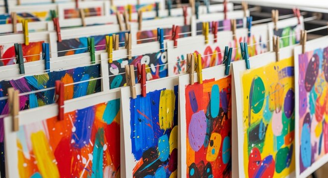 Colorful paintings hanging on lines with wooden clips