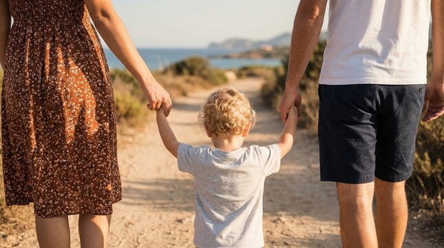 Loving parents holding the hands of their little toddler boy while walking together on a sandy path near the sea. Joyful family summer vacation, peaceful outdoor lifestyle moment.
