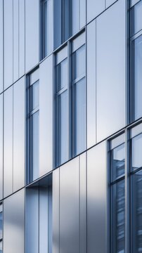 A close-up view of a modern building's sleek blue facade showcasing reflective surfaces and windows