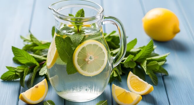 Refreshing pitcher of mint and lime infused water