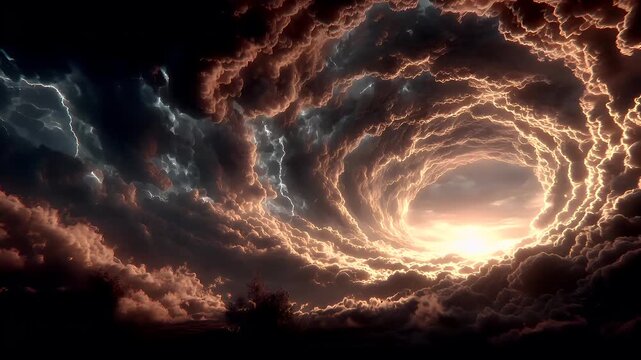 Tornado, twister, weather, natural disaster. A dramatic digital artwork depicts a stormy sky. The main subject is a swirling vortex of fiery orange and yellow lightning bolts.