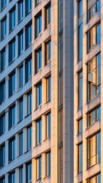A close-up view of a modern building's exterior showcasing its reflective windows and architectural lines