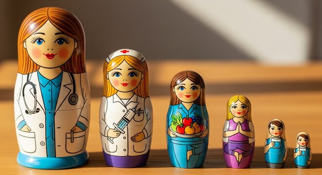 Healthcare and healthy lifestyle concept wooden nesting dolls