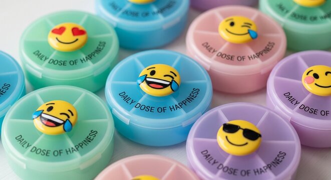 A close-up shot of closed circular plastic pill organizers in pastel blue, green, pink, and purple. Each container has a funny yellow emoji face on top and the text "DAILY DOSE OF HAPPINESS"