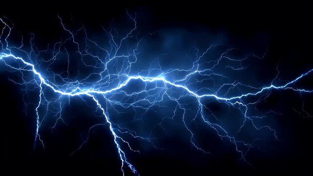 Fantasy wallpaper. A dramatic depiction of a lightning strike. The main subject is a striking display of bright blue lightning bolts striking against a deep black background.