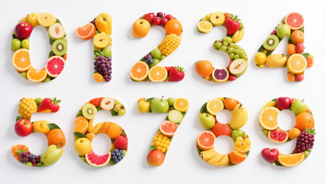 Colorful numbers from 0 to 9 filled with vibrant fresh fruit textures, including citrus, berries, bananas, grapes, apples, and kiwi on a clean white background.