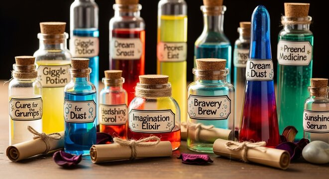 Various fantasy potion glass bottles filled with vibrant liquids and labeled with names like "Giggle Potion", "Bravery Brew", "Dream Dust", and "Imagination Elixir".