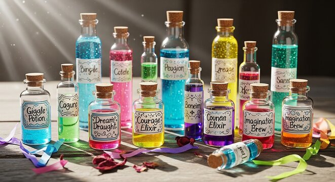 A large collection of magical potion glass bottles with corks, filled with colorful glittery liquids like blue, pink, green, yellow, and purple. The bottles have handwritten labels such as "Dream Drau