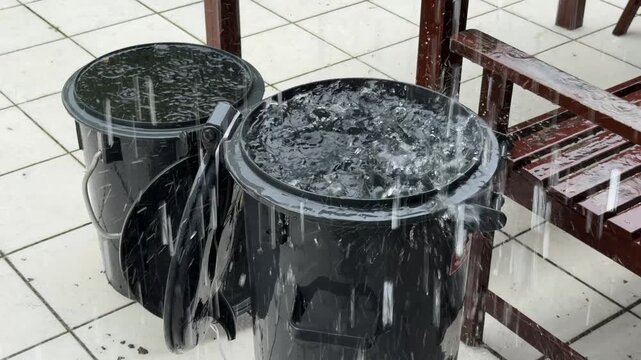 Es regnet in Str&ouml;men und das Wasser f&auml;llt vom Dach in eine Tonne