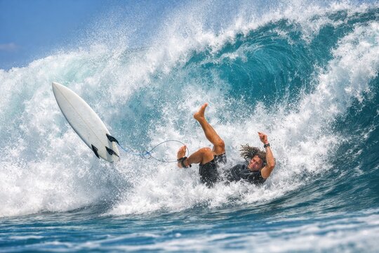 Surfer falling from board in powerful ocean wave with splashing water dynamic extreme sport action
