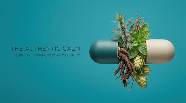 The authentic calm medicinal capsule containing valerian, motherwort, hops and mint herbs on a teal background, natural botanical supplement for stress reduction and mental wellness.